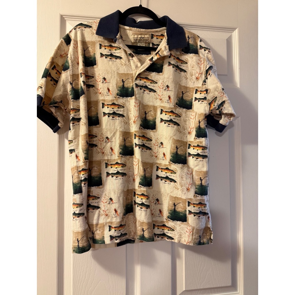 Natural Issue Mens Medium Cotton Polo Shirt Fishing Trout Fly Fish Vintage 90s